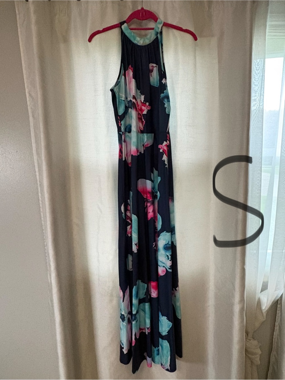 Floral Halter Maxi Dress - Navy with Pink & Teal Floral